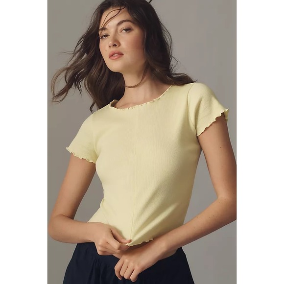 Pilcro Tops - Pilcro Anthropologie Ruffle-Trim Baby Tee Butter Yellow Ribbed- Size Large